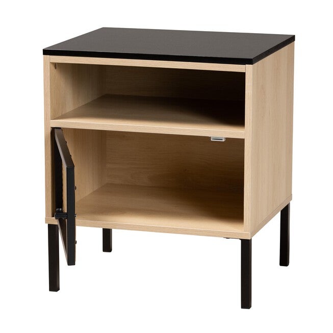 Felton Mid-Century Modern Two-Tone Black And Gold Metal And Light Brown Finished Wood 1-Door End Table, , on-hover image number null