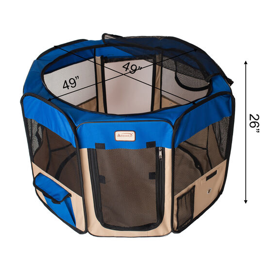 Portable Pet Dog Kitten Playpen In Blue And Beige Combo, , alternate image number null