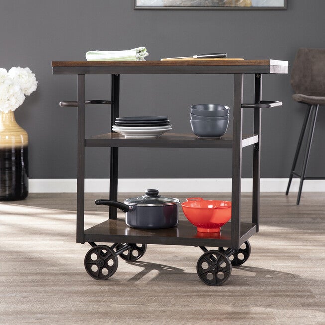 Elystan Industrial Rolling Kitchen Island, BROWN, hi-res image number null