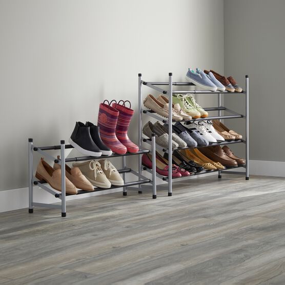 4-Tier Extendable Shoe Rack, SILVER BLACK 4-Tier Extendable Shoe Rack, SILVER BLACK