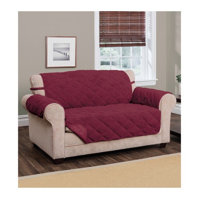 Hudson Reversible Sherpa to Microfiber Loveseat Furniture Cover, BURGUNDY, hi-res image number null