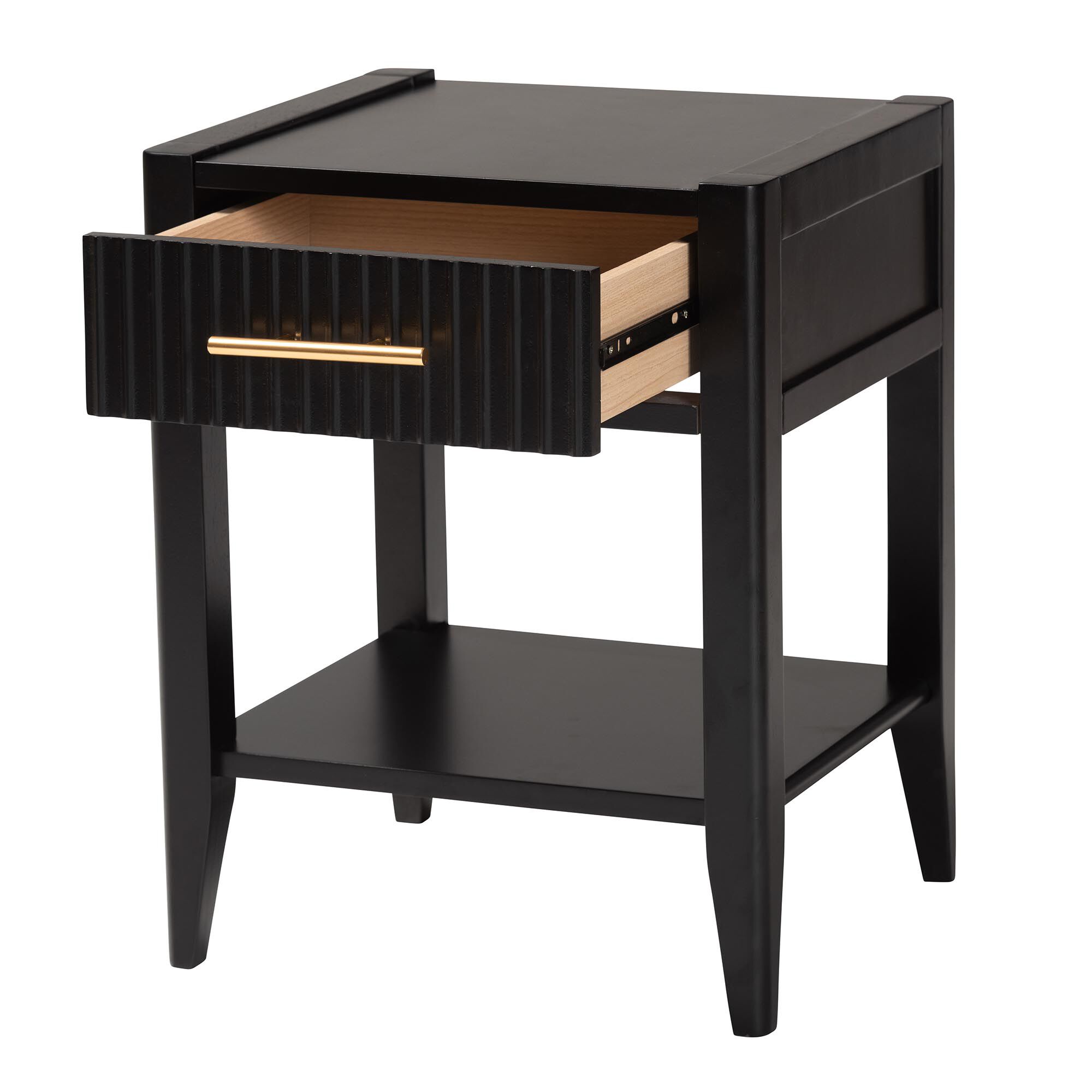 Primrose Mid-Century Black Fluted Wood 1-Drawer Nightstand, BLACK, alternate image number 2