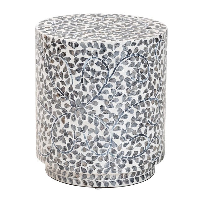 Marilla Coastal Black and White Mother of Pearl Capiz Shell Ottoman Footstool, MOSAIC, alternate image number 1
