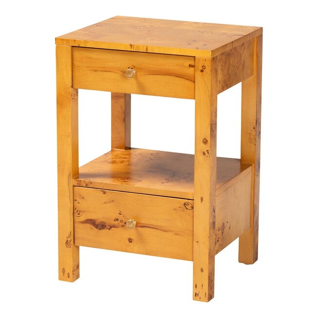 Azmi Modern and Contemporary Natural Light Mappa Real Burl Wood 2-Drawer Nightstand, LIGHT MAPPA BURL, alternate image number null