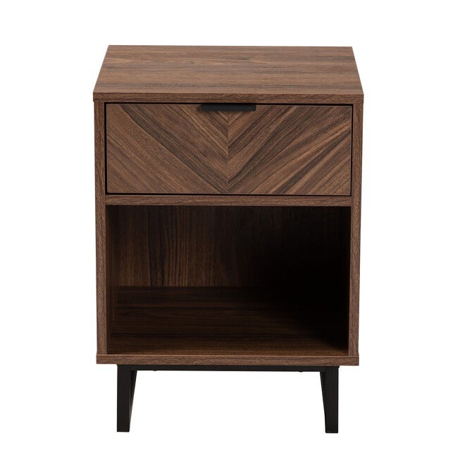 Sadia Modern Walnut Brown Finished Wood And Black Metal 1-Drawer End Table, , alternate image number null