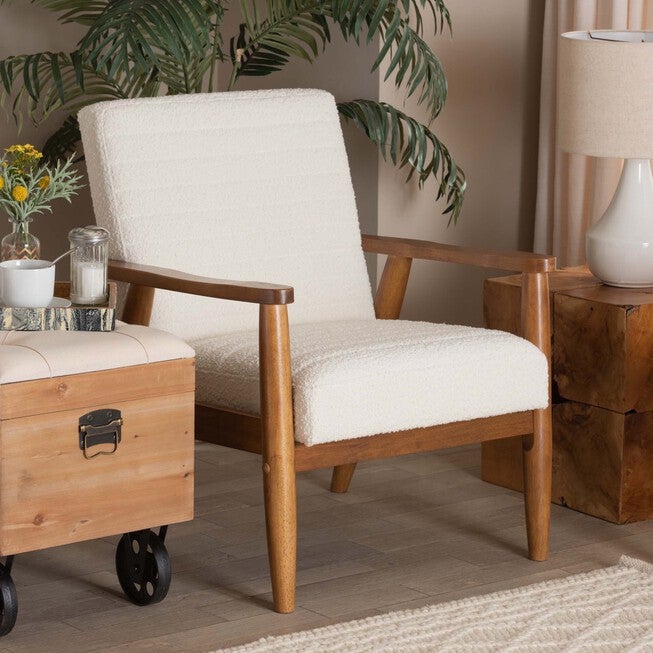 Stratton Mid-Century Modern Cream Boucle Fabric And Walnut Brown Finished Wood Armchair, , alternate image number 6