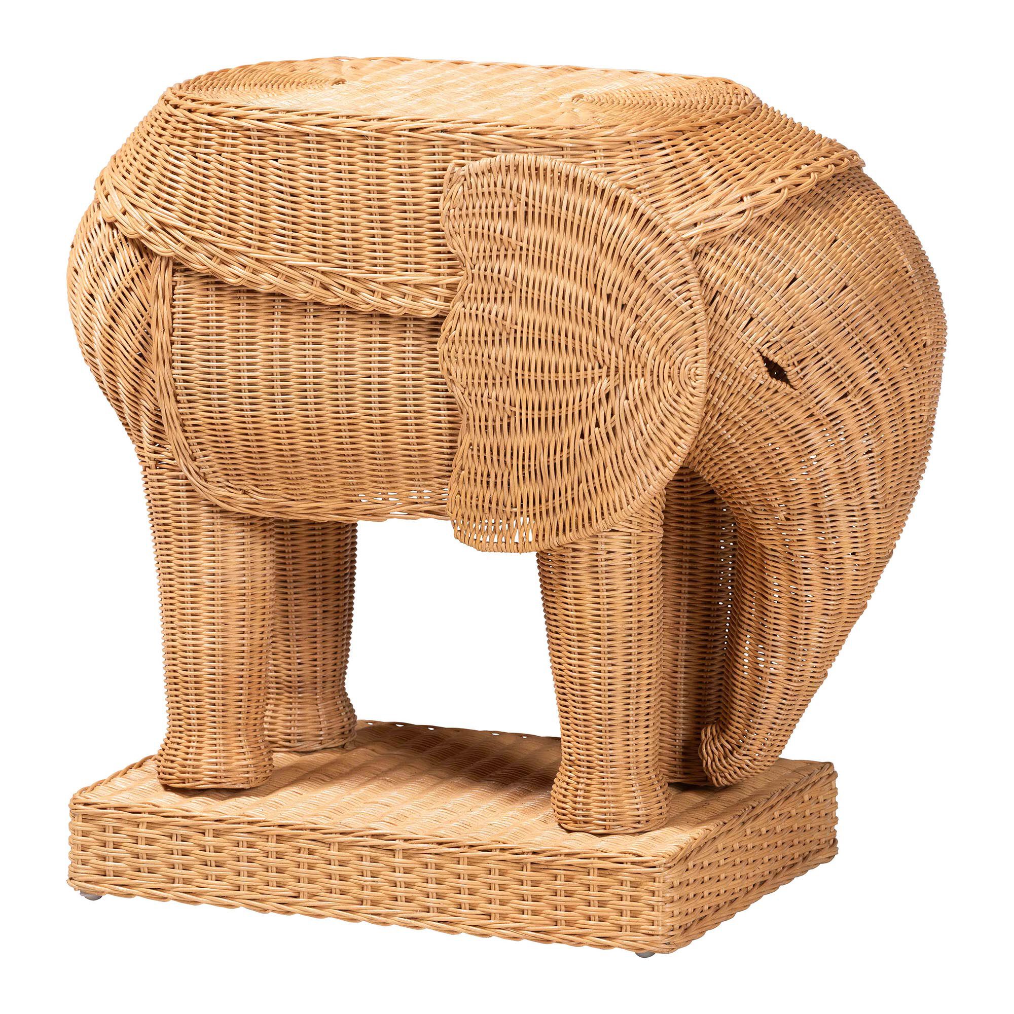 bali & pari Elissa Bohemian Light Honey Rattan Elephant End Table, LIGHT HONEY, alternate image number 1