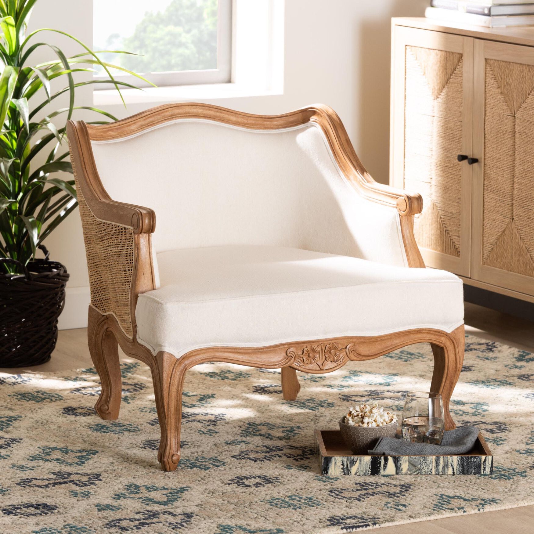 Sylvestra Traditional French Beige Fabric And Honey Oak Finished Wood Low Seat Accent Chair, , alternate image number 6