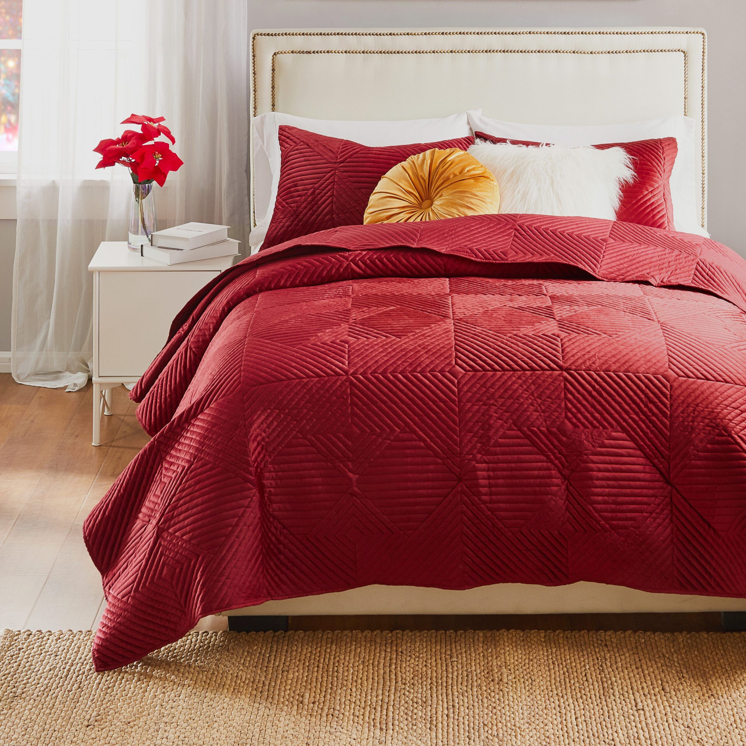 Riviera Velvet Finely Stitched Modern Quilt Set, Red, 3-Piece King, RED, hi-res image number 0