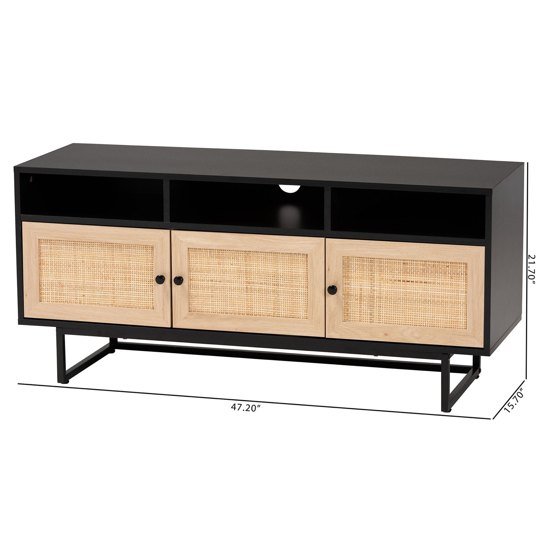 Declan Mid-Century Modern Espresso Brown Finished Wood And Natural Rattan 3-Door Tv Stand, , alternate image number 9