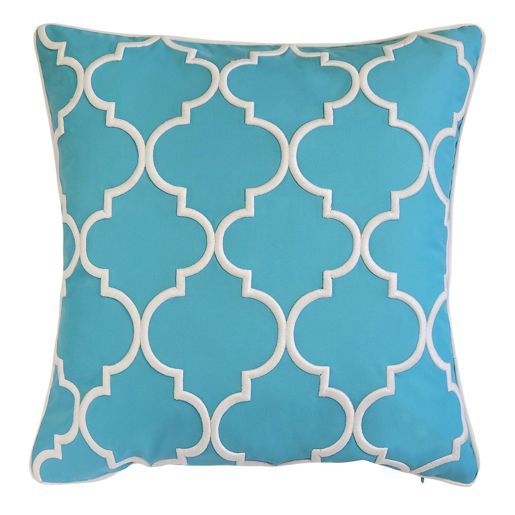 Indoor/Outdoor Oversized Embroidered Quartrefoil Decorative Throw Pillow 20X20, Leaf/White, AQUA WHITE, hi-res image number 0