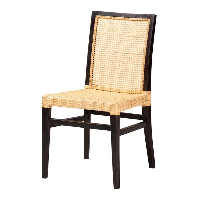 Lingga Modern Bohemian Dark Brown Mahogany Wood And Natural Rattan Dining Chair, DARK BROWN, hi-res image number null