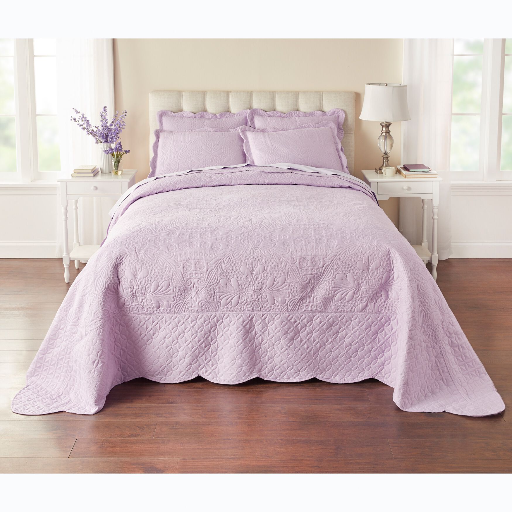 King Chocolate Collections Etc Elegant Ultra-Soft Faux Fur Plush Quilt Bedding with Scalloped Edges and Scroll and Lattice Patterns