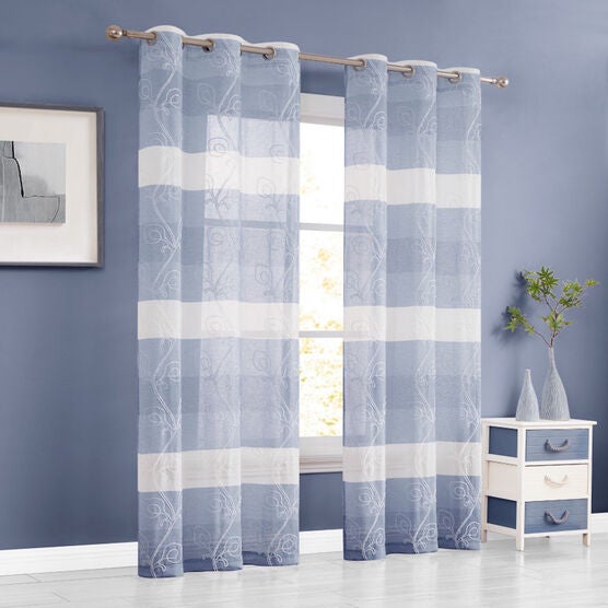 Silvia Semi Sheer Floral Grommet Panel Pair, BLUE, hi-res image number null