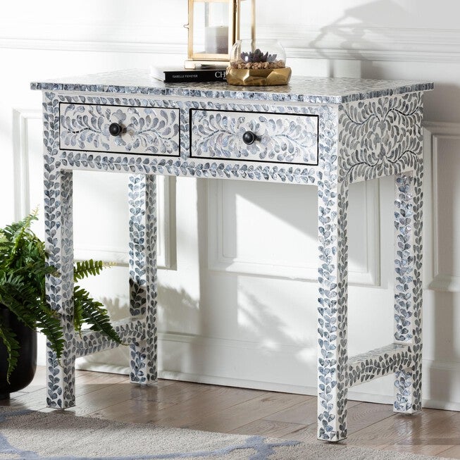 Diata Coastal Black and White Mother of Pearl Capiz Shell 2-Drawer Console Table, MOSAIC, hi-res image number null