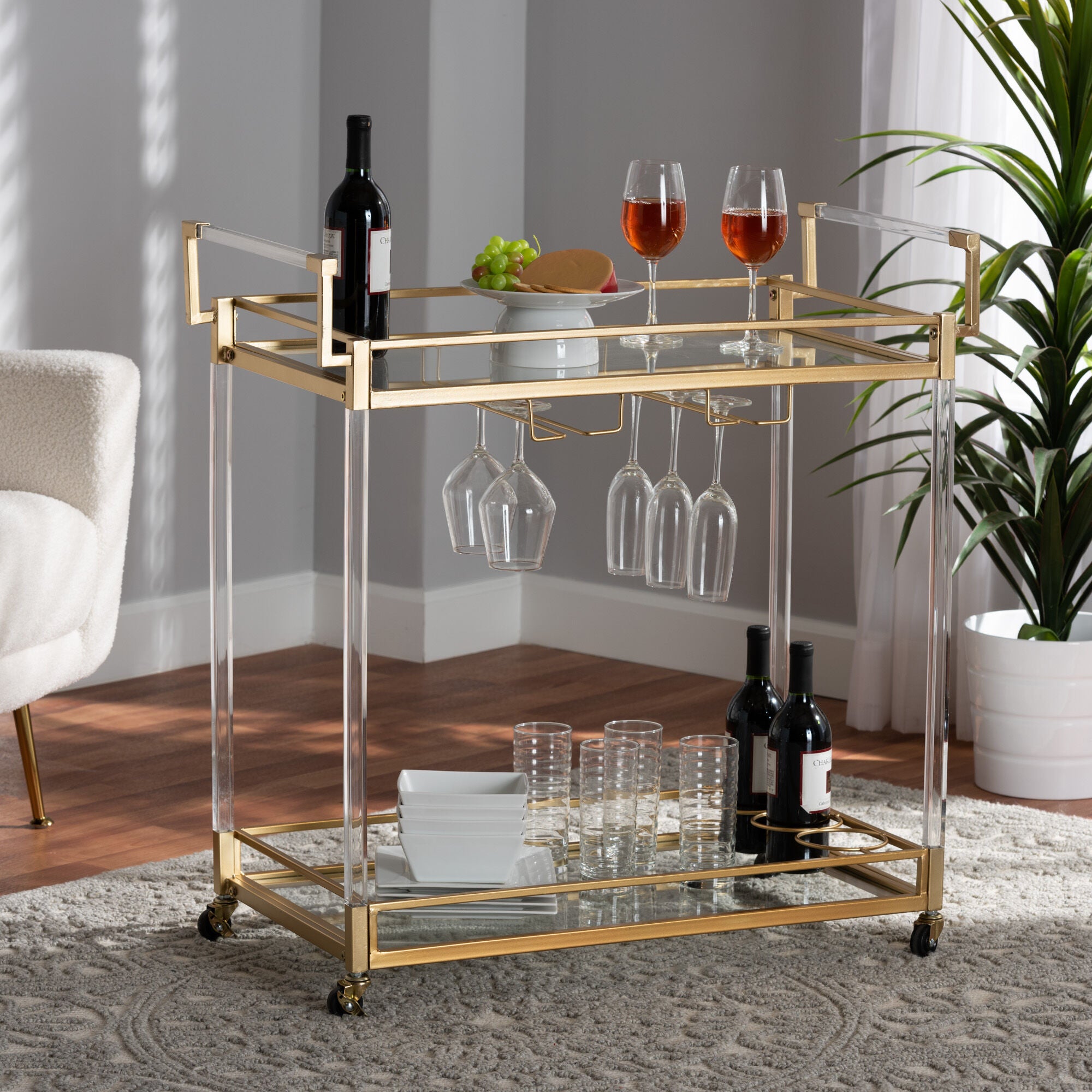 Savannah Contemporary Glam and Luxe Gold Metal and Glass Wine Cart, GOLD, hi-res image number 0