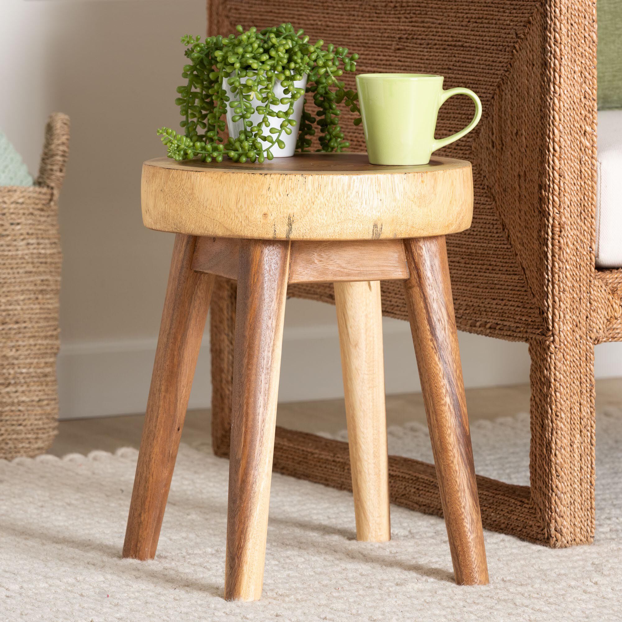 Jia Suar Wood End Table - Handcrafted Side Table with Live Edge Round Top and Tapered Legs
