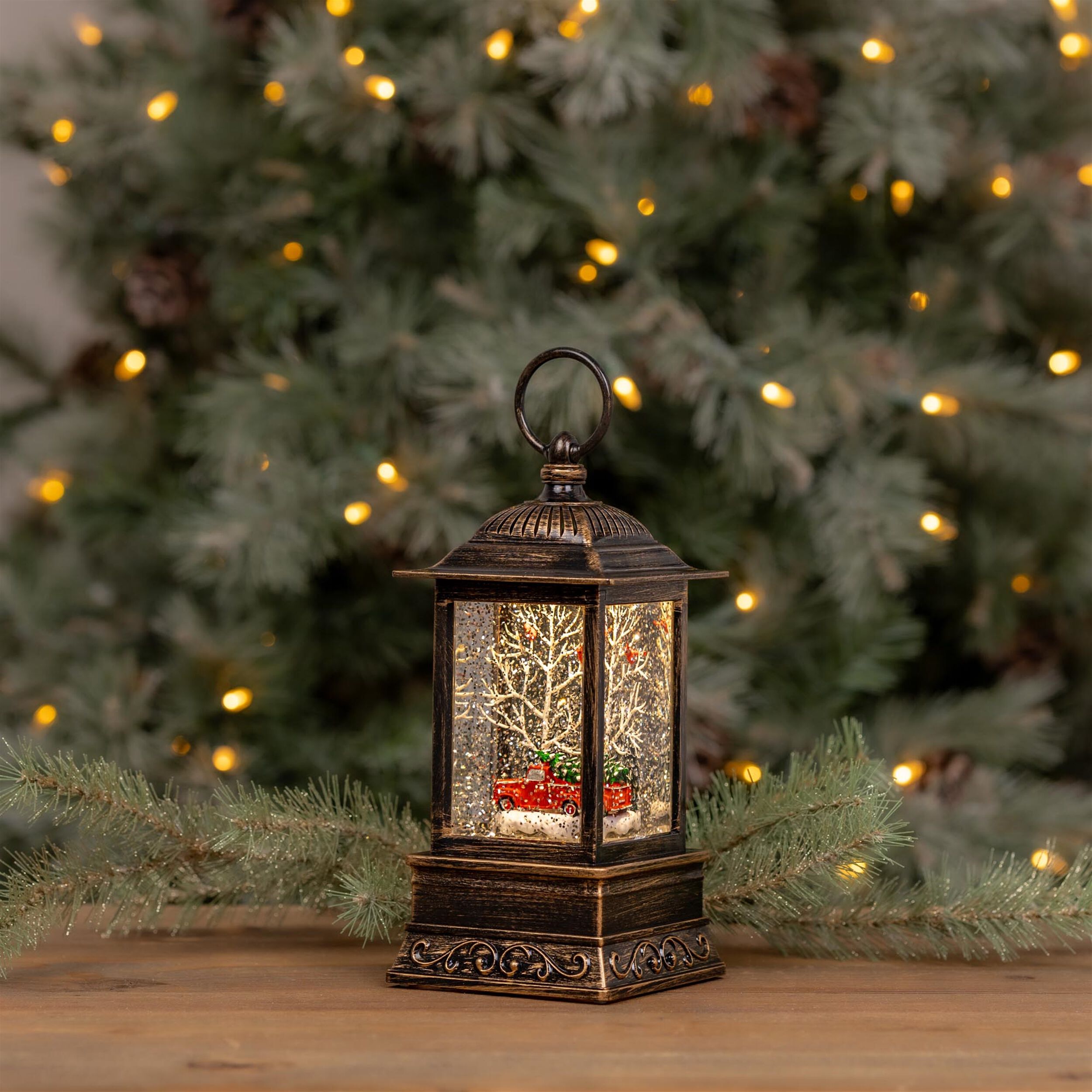 LED Snow Globe Lantern with Truck and Forest Scene 10.25 inchesH, RED GREEN WHITE, alternate image number 2