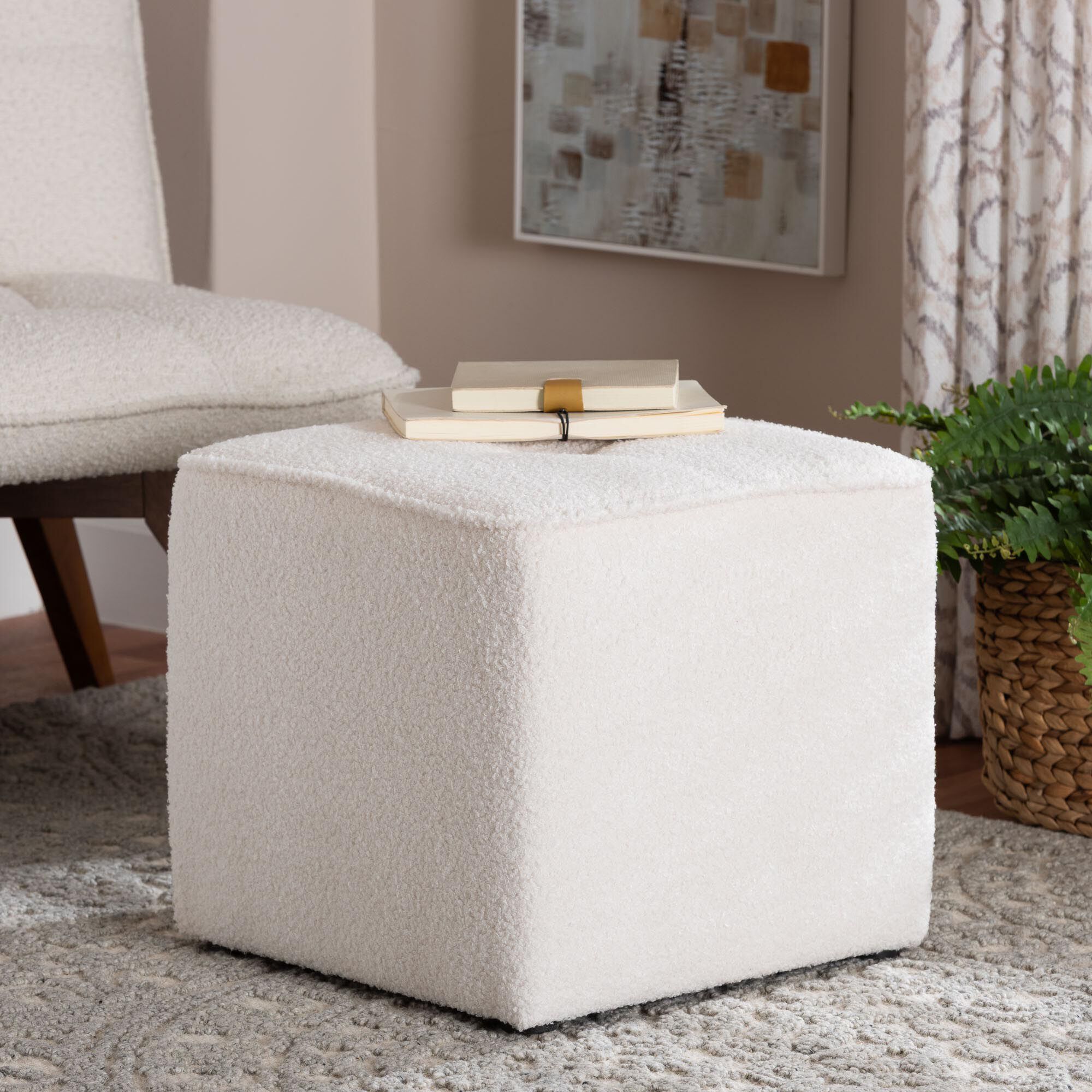 Isaiah Modern And Contemporary Ivory Boucle Upholstered Ottoman, IVORY, hi-res image number 0
