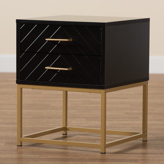 Inaya Contemporary Glam And Luxe Black Finished Wood And Gold Metal 2-Drawer End Table, , alternate image number 8