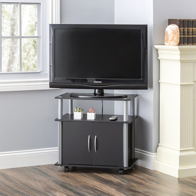 Home Basics Rolling Wood TV Stand with Cabinet Black, , alternate image number 1