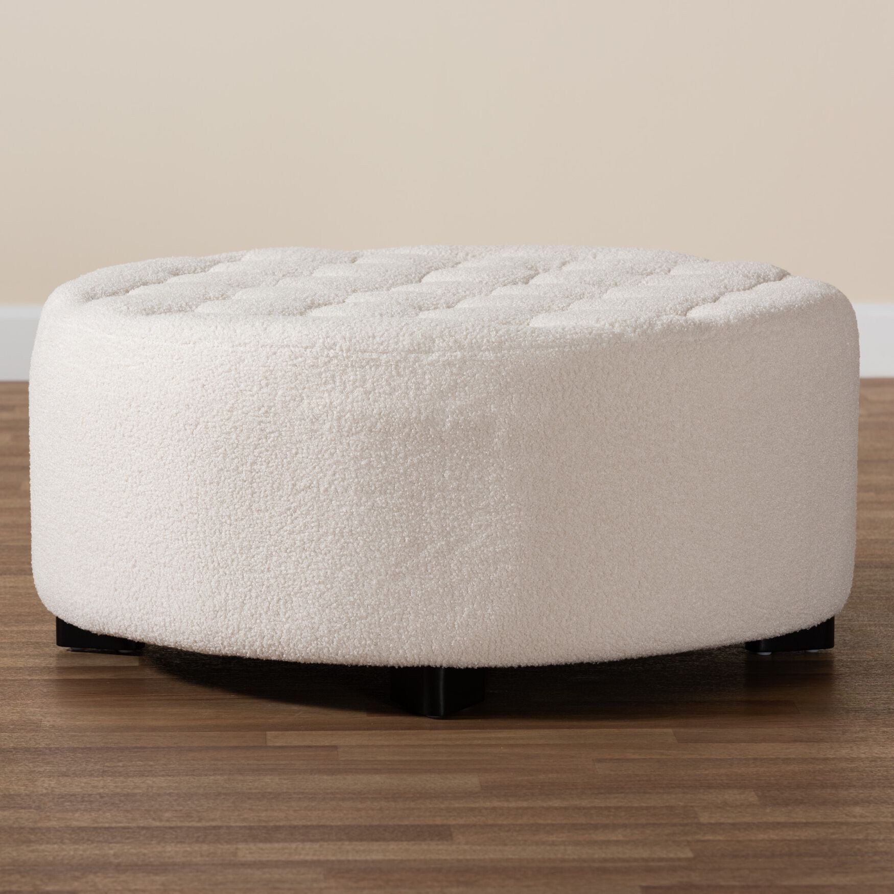 Athena Modern And Contemporary Ivory Boucle Upholstered And Black Finished Wood Round Ottoman, , alternate image number 5