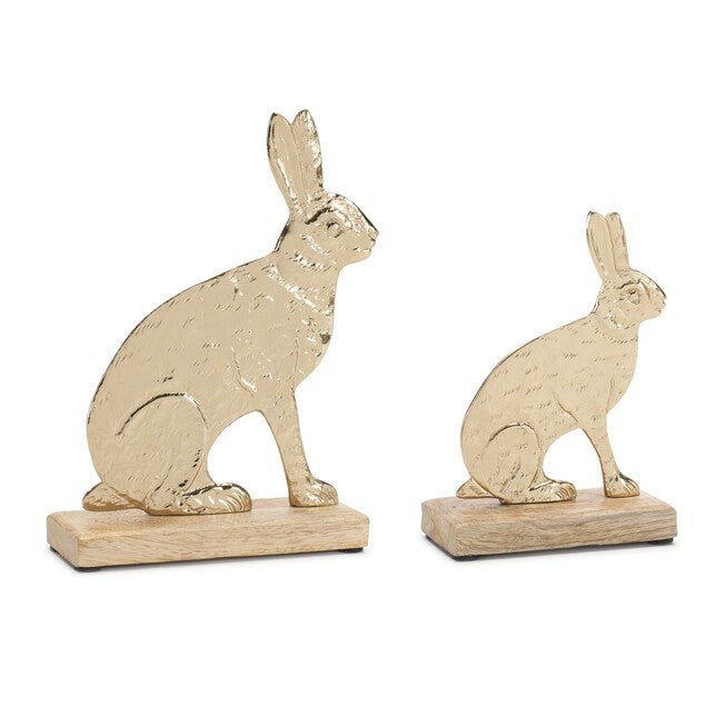 Modern Metal Bunny with Wood Base (Set of 2), GOLD/BROWN, hi-res image number null