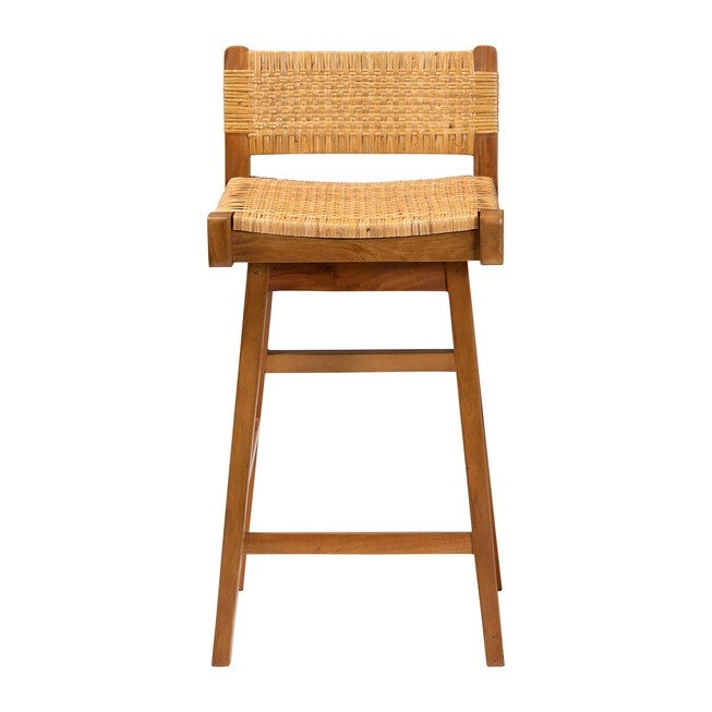 Asgart Bohemian Natural Rattan and Mahogany Wood Bar Stool, LIGHT, alternate image number 2