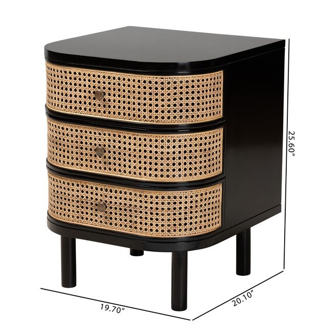 Nabila Modern Bohemian Black Bayur Wood And Natural Rattan 3-Drawer End Table Nightstand, , alternate image number null