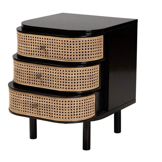 Nabila Modern Bohemian Black Bayur Wood And Natural Rattan 3-Drawer End Table Nightstand, , on-hover image number null