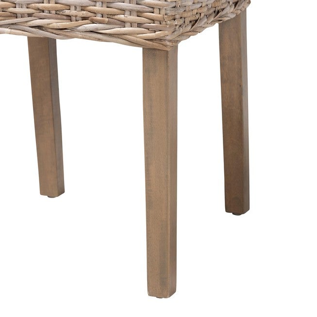 Bottom view of grey woven dining chair with mango wood legs