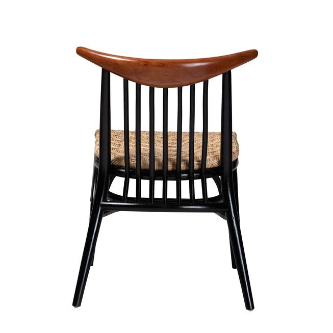 Parthenia Mid-Century Modern Two-Tone Black And Walnut Brown Finished Mahogany Wood And Natural Rattan Dining Chair, , alternate image number null