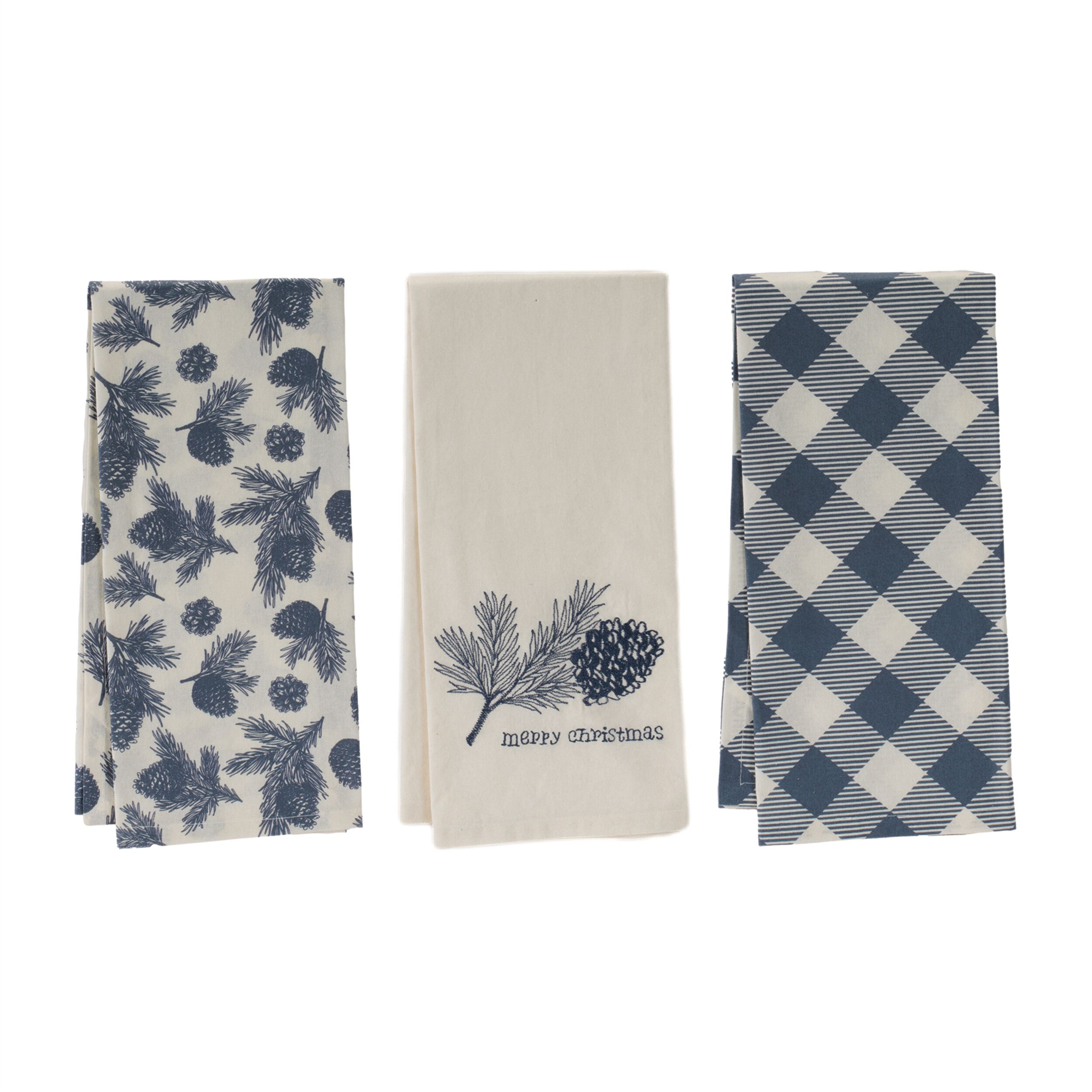 Pine and Plaid Christmas Tea Towel (Set of 3), CREAM BLUE, hi-res image number 0
