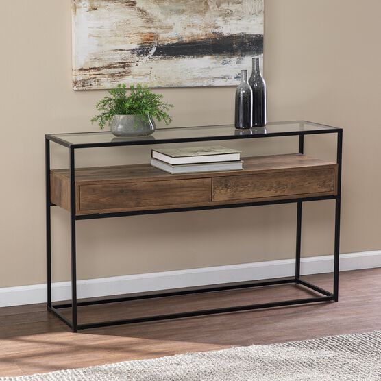 Olivern Glass Top Console Table W Storage, BLACK, hi-res image number null