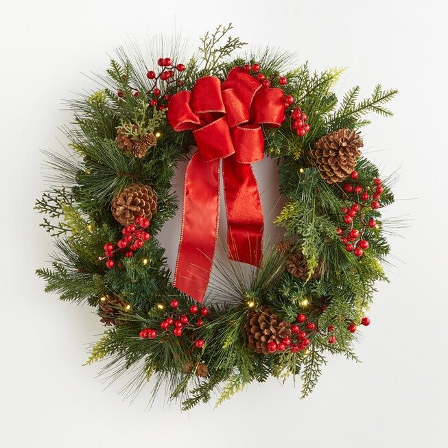 28 inches Pre-Lit Holiday Classic Wreath, GREEN RED, hi-res image number null