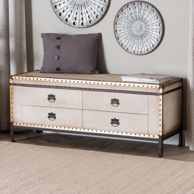 Heaton Vintage Weathered White Canvas 4-Drawer Storage Bench, BEIGE, hi-res image number null