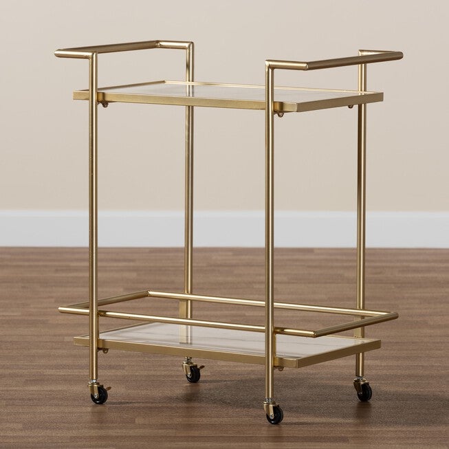 Louise Contemporary Glam And Luxe Gold Metal And White Marble 2-Tier Wine Cart, , alternate image number null