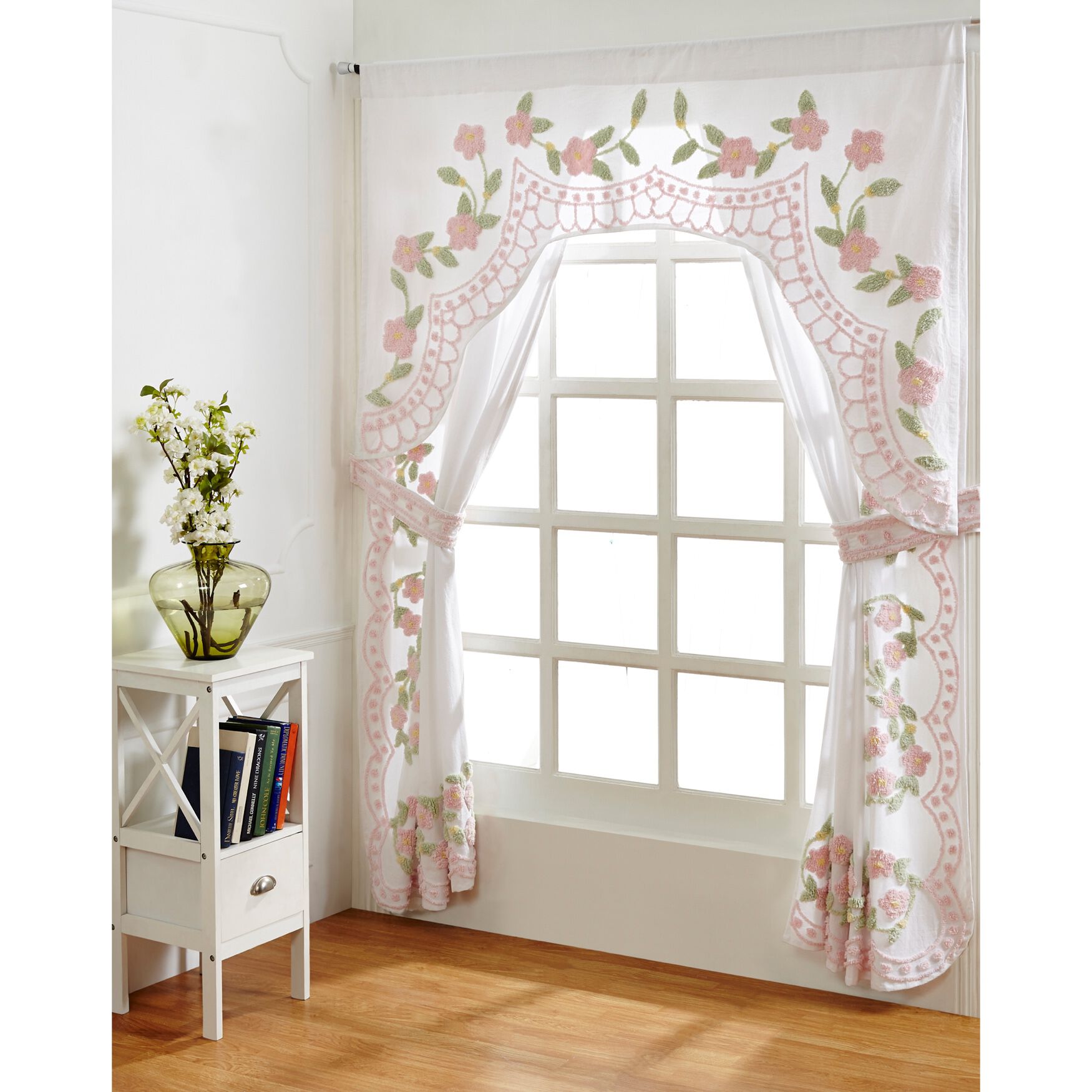 Bloomfield Collection in Floral Design 100% Cotton Tufted Chenille Curtain 2 Piece Set , ROSE, hi-res image number 0