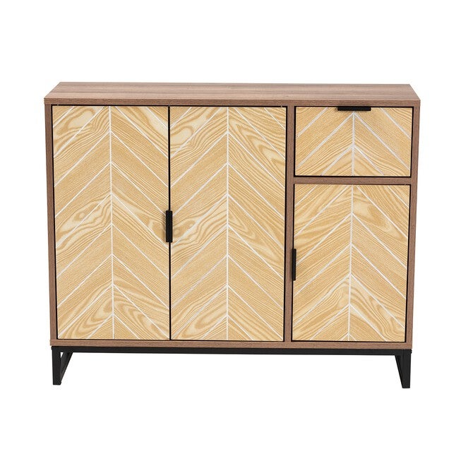 Josephine Mid-Century Modern Transitional Two-Tone Walnut And Natural Brown Finished Wood And Black Metal 3-Door Sideboard, , alternate image number null