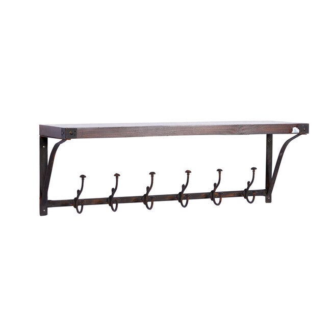 Brown Wood Industrial Wall Hooks With Shelf Wall Hook, BROWN, hi-res image number 0