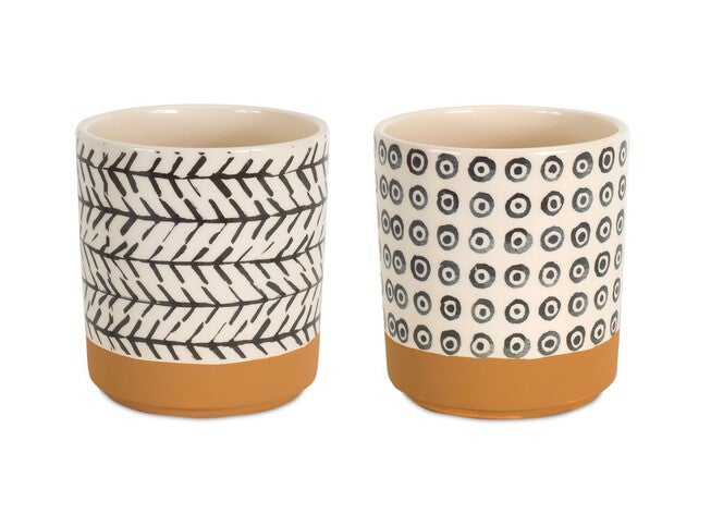 Geometric Patterned Pot with Terra Cotta Accent (Set of 4), BROWN/WHITE, alternate image number null