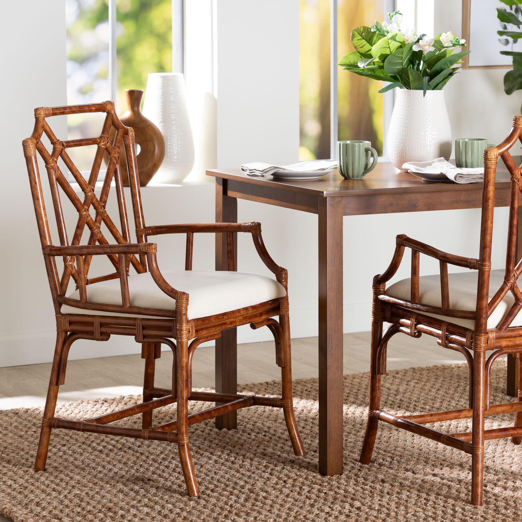 Esmery Marbled Tortoise Natural Rattan Dining Chair with Armrest, BROWN, hi-res image number 0