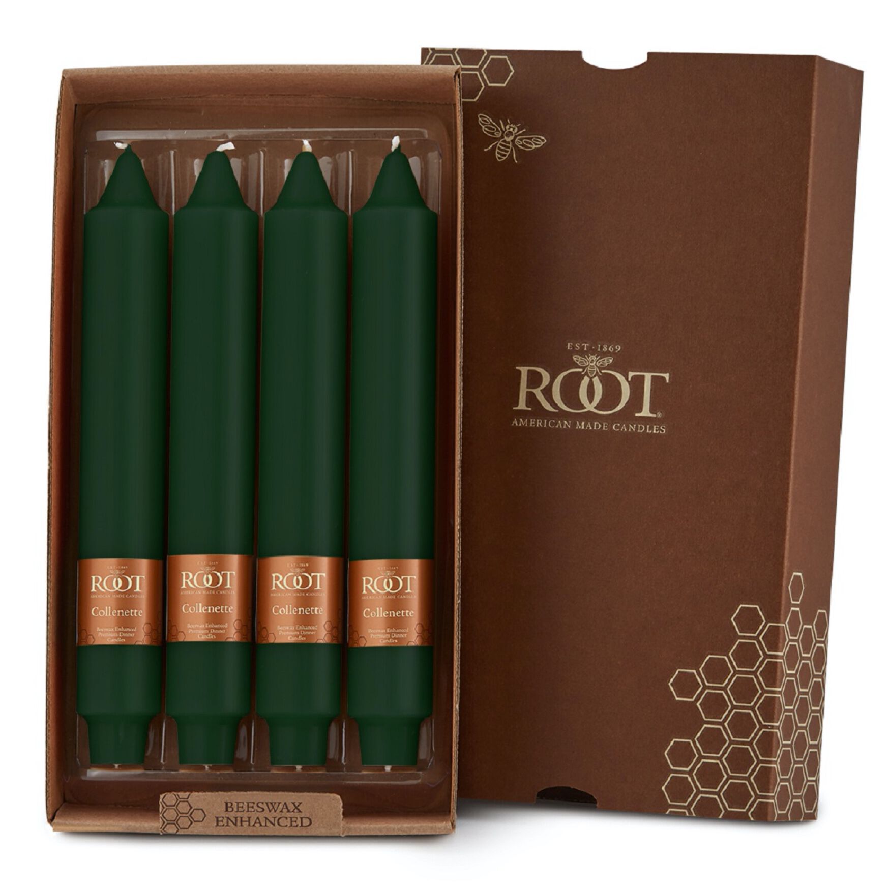Smooth Collenette 9 inch Dark Green Unscented Taper Candle, Box of 4, DARK GREEN, hi-res image number 0