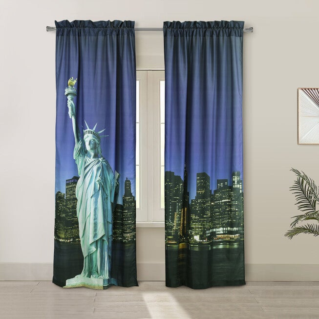Photo Real Statue Of Liberty Light Filtering Pole Top Curtain Panel Pair, MULTI, hi-res image number null