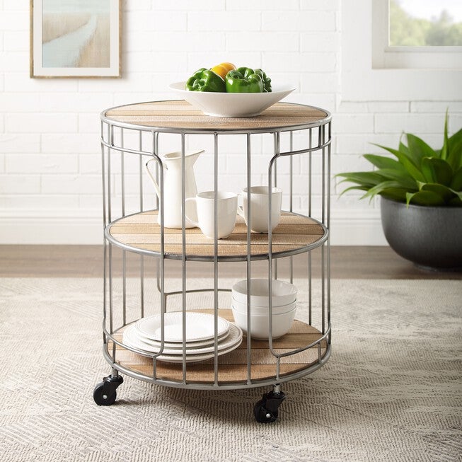 Alessio Three tiered Metal and Wood Rolling Cart, NATURAL, hi-res image number null