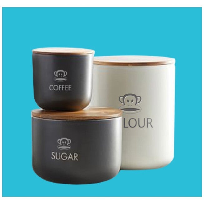 Paul Frank Ceramic Kitchen Canisters With Bamboo Lids - Set Of 3, O, hi-res image number null