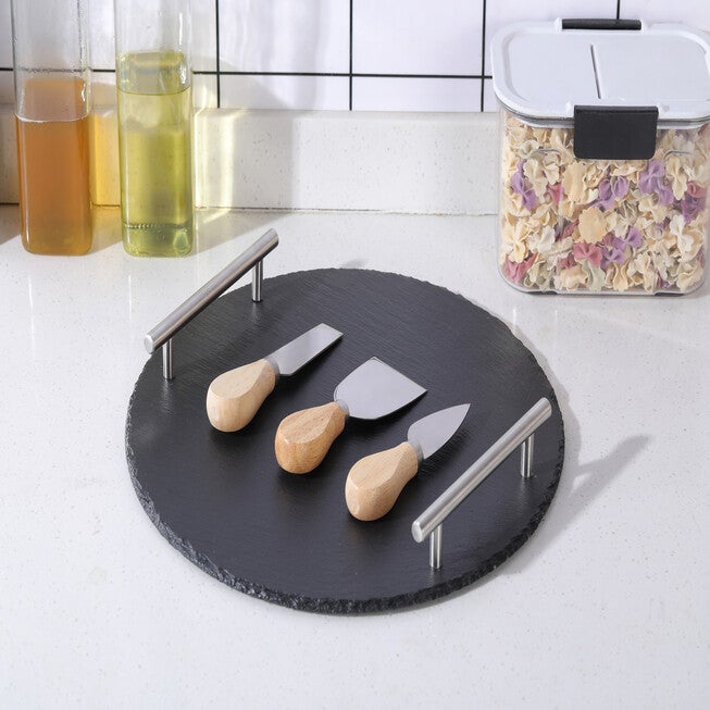 Rounde Slate Stone Serving Tray With Stainless Steel Handkles - Kit, , alternate image number null
