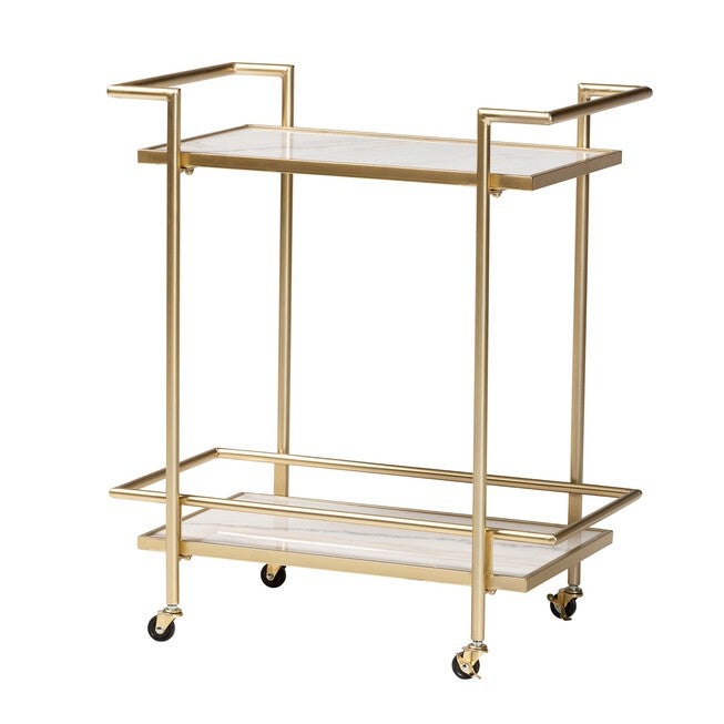Louise Contemporary Glam And Luxe Gold Metal And White Marble 2-Tier Wine Cart, GOLD WHITE MARBLE, hi-res image number null