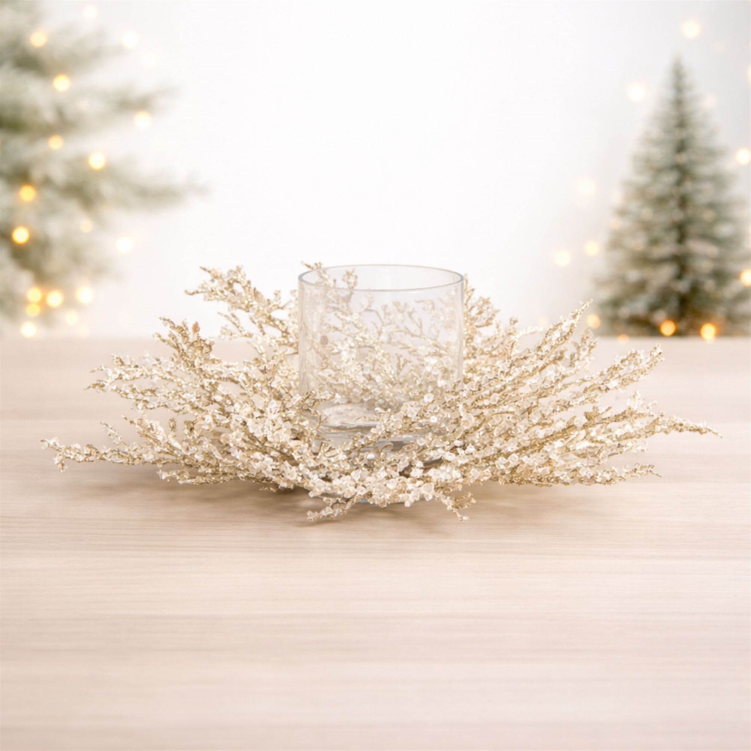 Icy Pine Candle Holder Centerpiece 16 inchesD, GOLD, hi-res image number 0