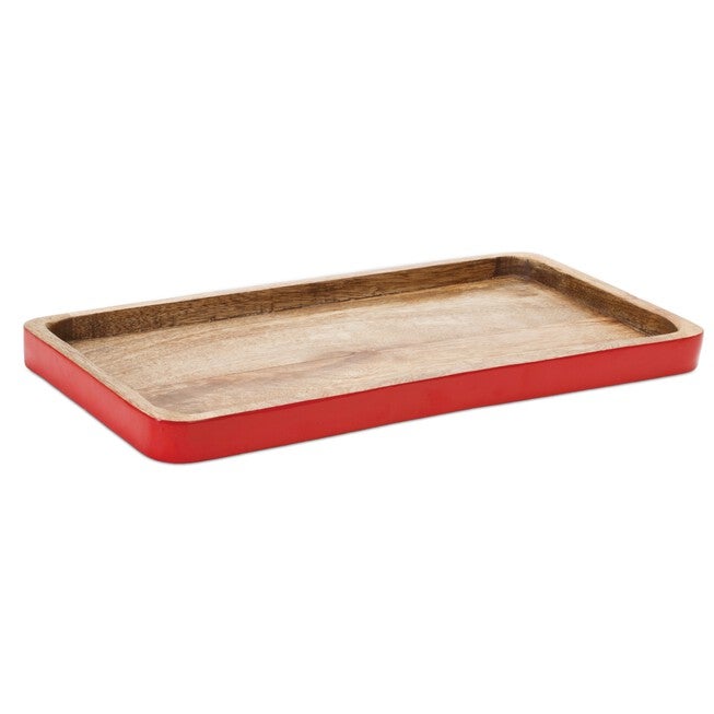 Red Trimmed Wooden Tray (Set of 2), RED/BROWN, alternate image number null
